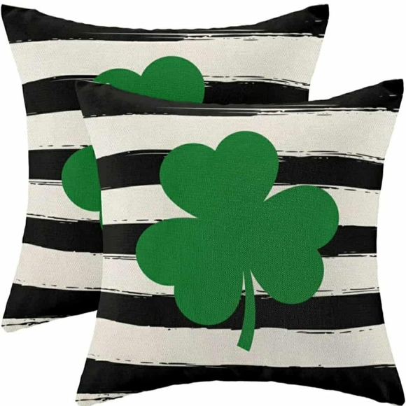 2 Pc Set Of Striped Pillow Covers with Green Shamrock - Picture 1 of 4